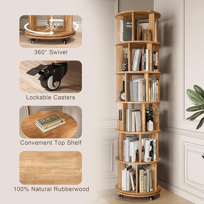 6 Tier Bookshelf Tower, 360° Solid Wood Spinning Bookcase - Image 5