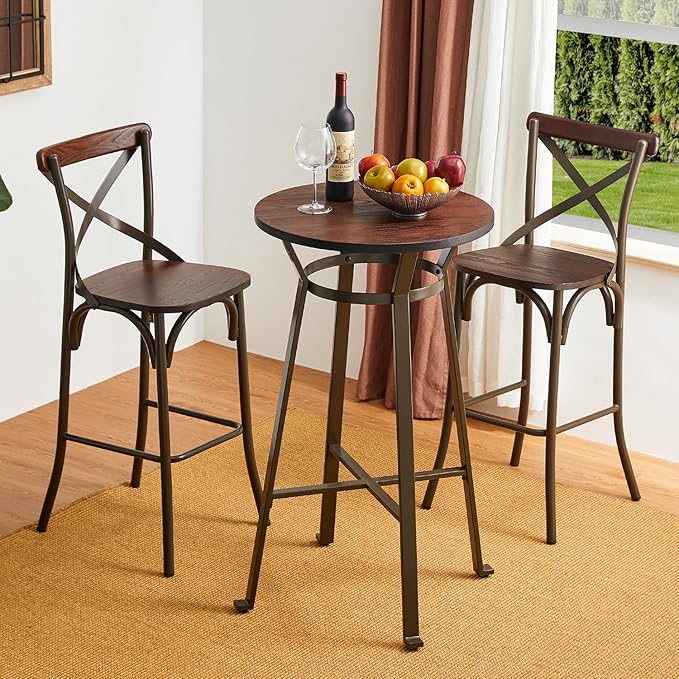 Glitzhome 41.25" H Rustic Steel Bar Table Round Solid Elm Wood Top Dining Room - Image 6