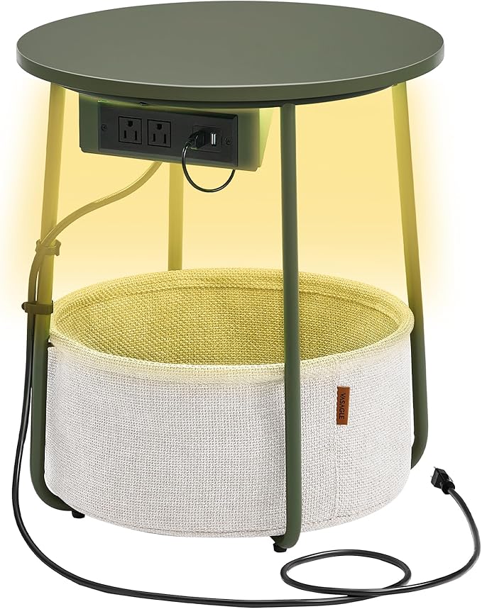 VASAGLE Side Table with Charging Station, Round End Table with Fabric Basket - Image 7