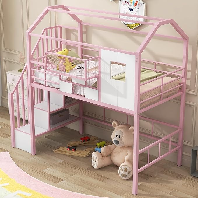 Twin Size Metal Loft Bed with roof Design and a Storage Box, House Shaped by Favfurish