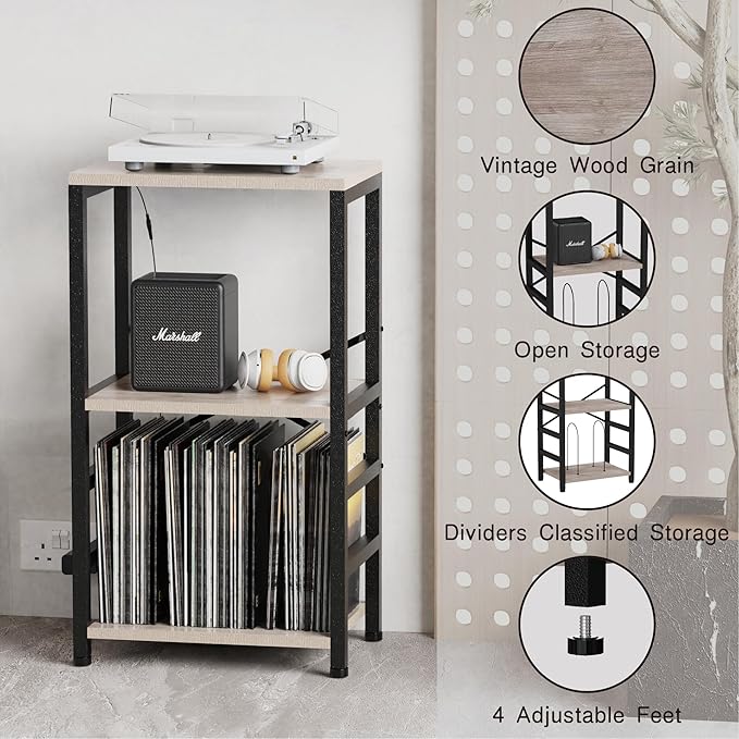 End Table with LED Light, Record Player Stand with Albums Storage, Vinyl - Image 6