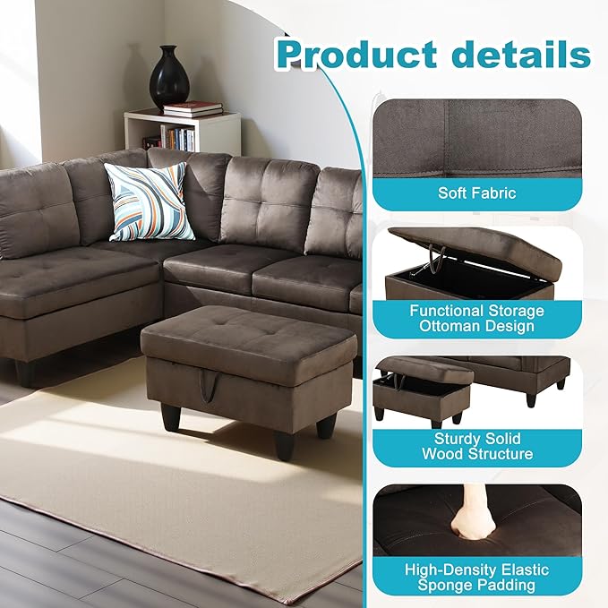 L Shaped Couch Modern Sectional Couch Upholstered Flannel Fabric 3 Pieces Sofas - Image 5