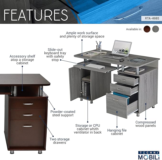 47.5'' Computer Desk with File Cabinet and Drawers, Storage Cabinet with - Image 4