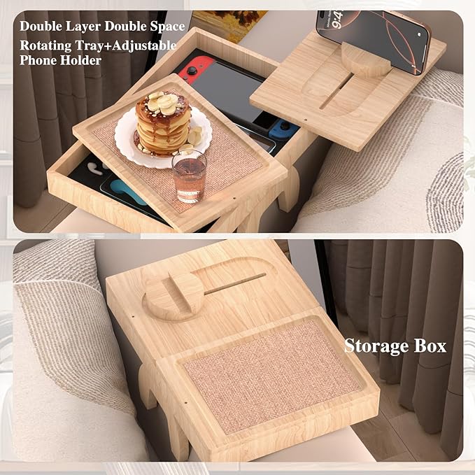Bamboo Couch Arm Table with 2 Rotating Lids & Adjustable Phone Holder, Foldable - Image 4