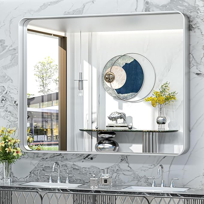 TokeShimi 48x40 Inch Brushed Silver Bathroom Mirror by RefinedBathroomAccessories