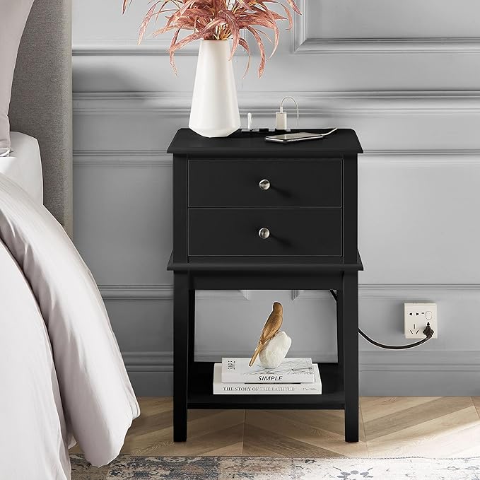 conifferism Black Nightstand, Large Sofa Side Table 2 Drawers, Modern Bedside - Image 2
