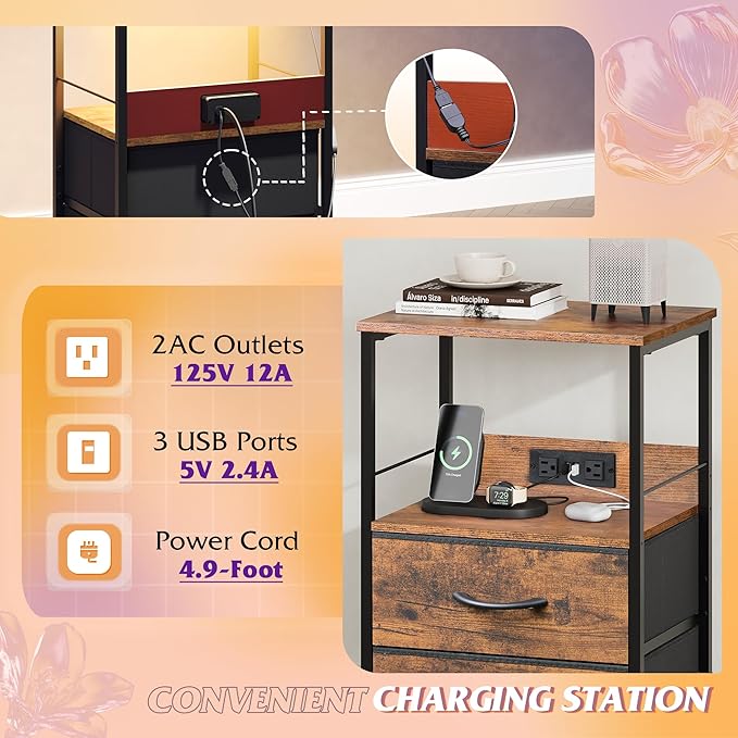 WLIVE Night Stand with Charging Station, LED Nightstand with 2 Fabric Drawers - Image 5