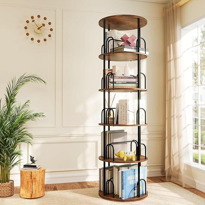 5-Tier Rotating Bookshelf, 360° Round Spinning Book Shelf Tower, Tall Skinny by Unknown