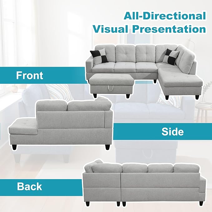 Couches for Living Room Modern L Shaped Couch Comfy Flannel Fabric 3 Pieces - Image 6