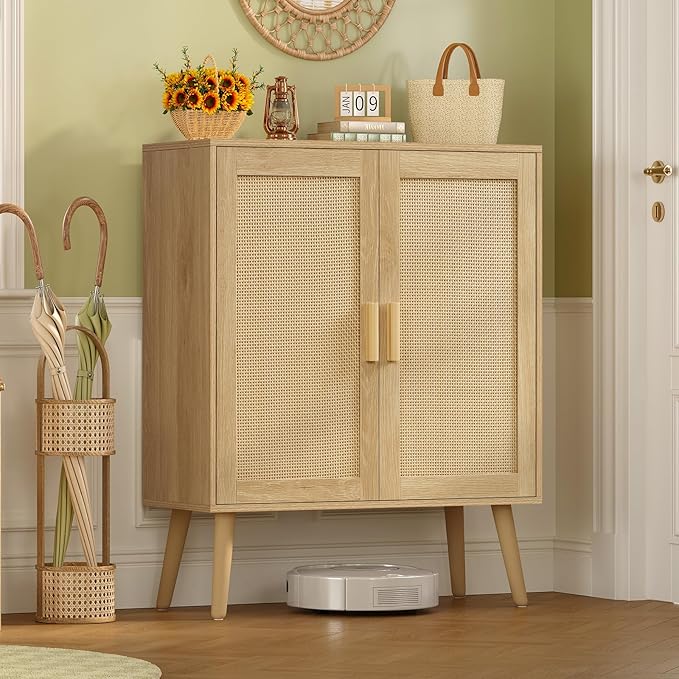 Iwell Storage Cabinet with 2 Shelves, Rattan Cabinet with 2 Doors, Sideboard - Image 5