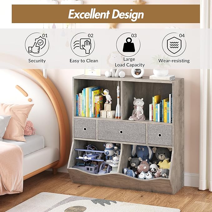IDEALHOUSE 7-Cubby Large Kids Toy Storage Organizer, Children Wood Bookcase and - Image 3