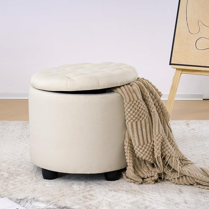 Furniliving Modern Round Storage Ottoman, Button Tufted Ottoman Foot Stools - Image 3