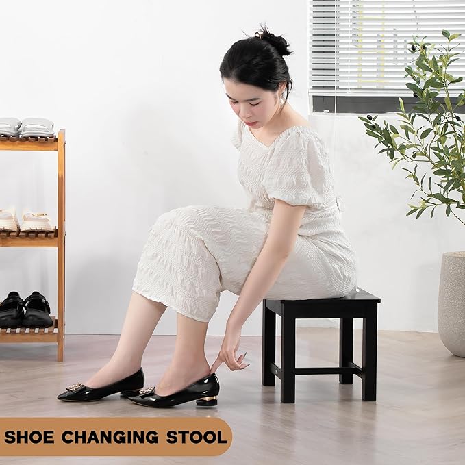 12 Inch Wooden Black Step Stool, Small Nature Beach Chair Under Desk, Indoor - Image 8