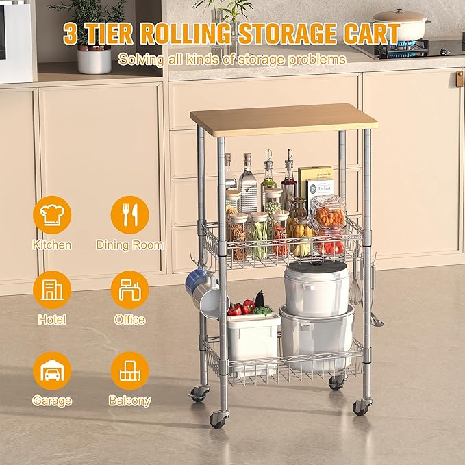 Rolling Kitchen Storage Cart, 3-Tier Storage Rack on Caster Wheels - Image 5