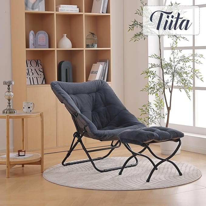 Tiita Folded Chair with Ottoman, Soft Faux Fur Oversized Folding Accent Chair - Image 2