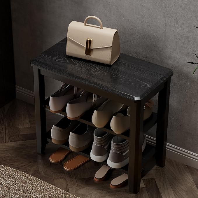 Wood Shoe Rack Bench for Entryway, 2 Tier Shoe Rack for Front Door Entrance by AQIMUELE-Solidwoodfurniture
