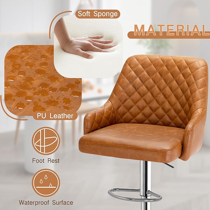 VECELO Bar Stools Set of 2, Modern PU Leather Adjustable Bar Stools - Image 4