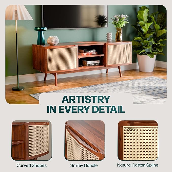 Bme TV Stand with Elegant Curved Shape & Inlaid Rattan, Nancy Solid Wood Tv - Image 5
