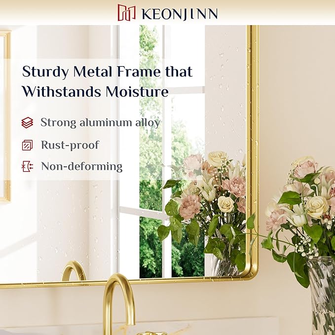 Keonjinn Gold Bathroom Mirror for Over Sink, Large Rounded Rectangle Gold - Image 7