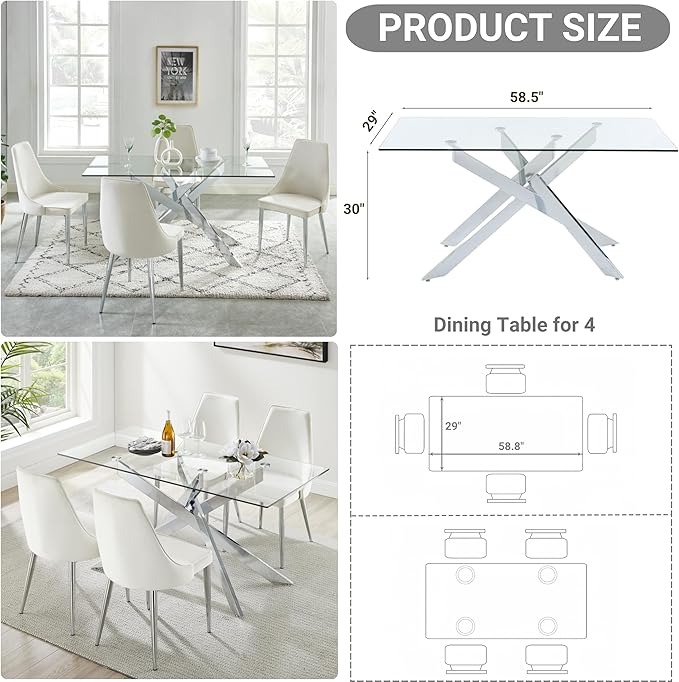 Edwin's Choice 58.5” Rectangle Glass Dining Table, Tempered Glass Tabletop and - Image 7