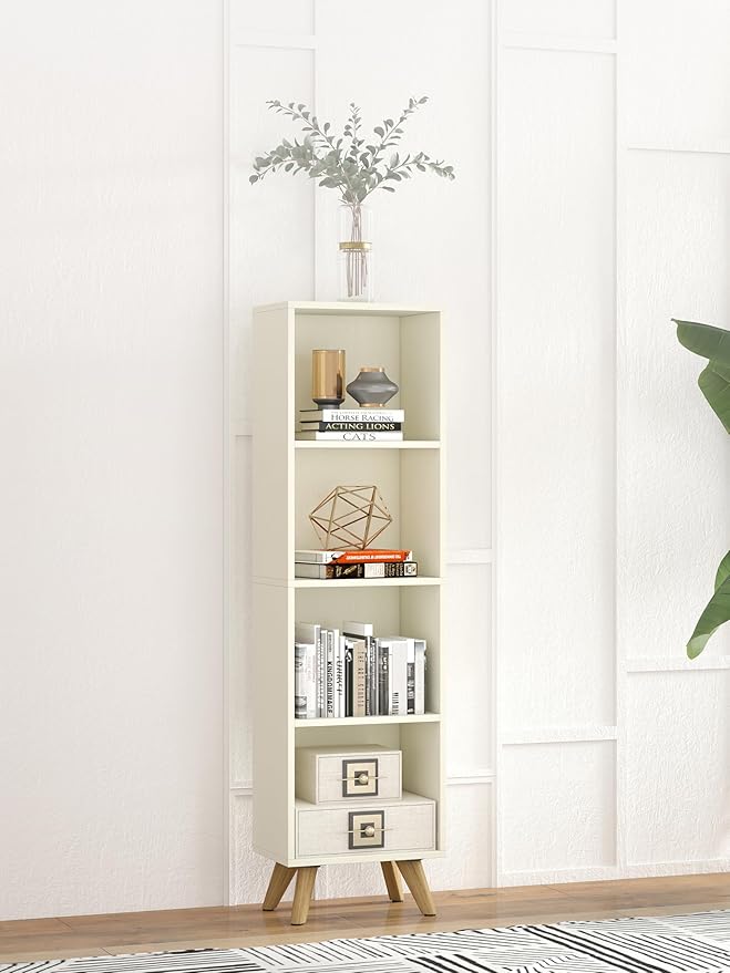 Manora Small Bookcase with 4 Open Shelves, Modern White Bookshelf with Wooden - Image 7