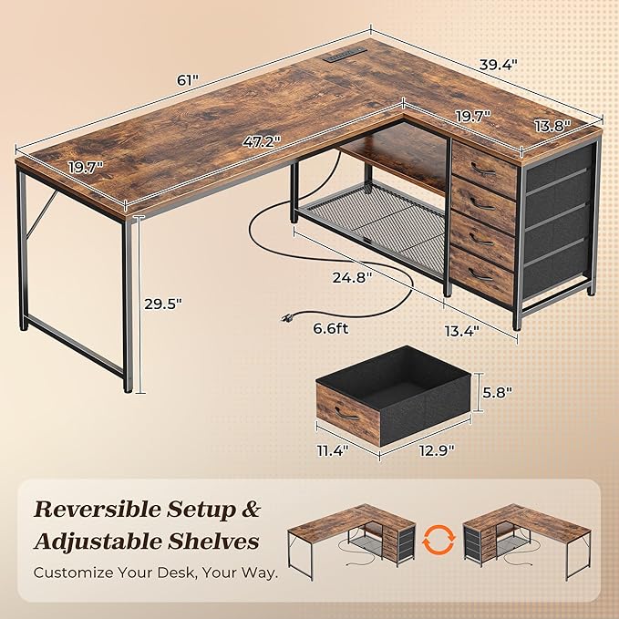 PRAISUN 61" L Shaped Desk with Power Outlets and USB-C Port, Reversible - Image 3