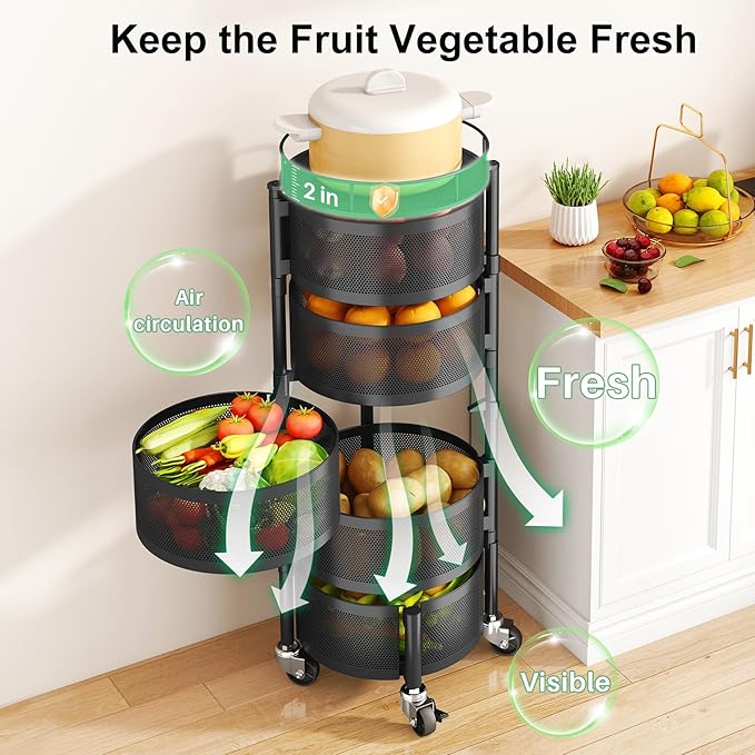 SAYZH Fruit Vegetable Basket for Kitchen, Rotating Storage Rack, 5 Tier Rolling - Image 3
