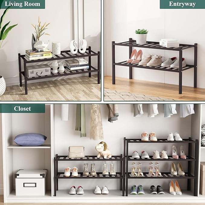 Smiry Shoe Rack, 2 Tier Bamboo Shoe Organizer, Stackable Free Standing Wooden - Image 7