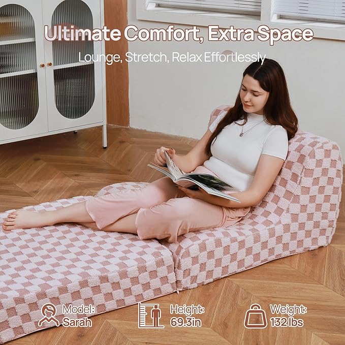 Bean Bag Chair with Checkerboard Shaker Fleece Fabric, Folding Sofa Bed - Image 3
