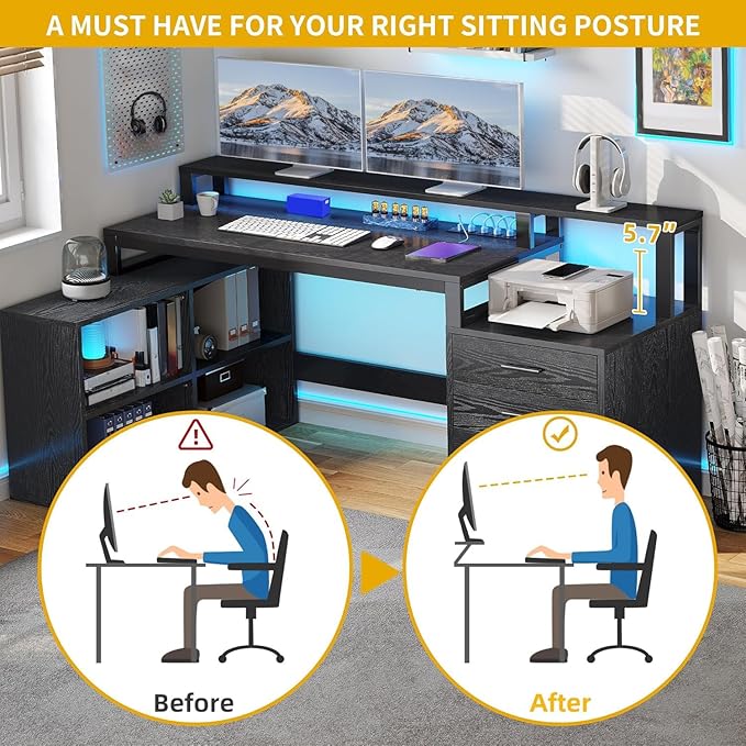 DWVO L Shaped Desk with Drawers, Corner Home Office Desk with Storage Shelves & - Image 5