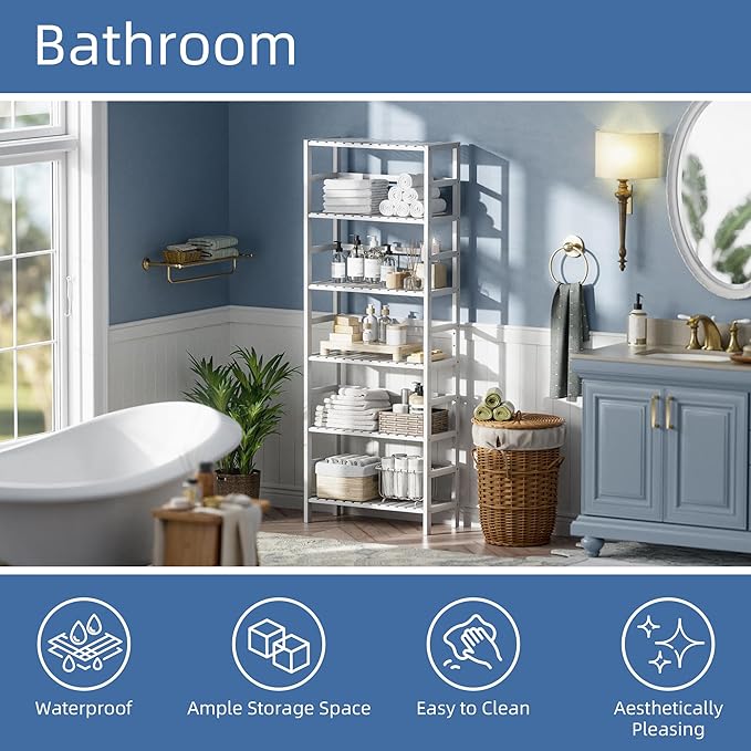 HITNET Bookshelf, 6-Tier Tall Bookcase Freestanding Bamboo Book Shelf Bathroom - Image 4