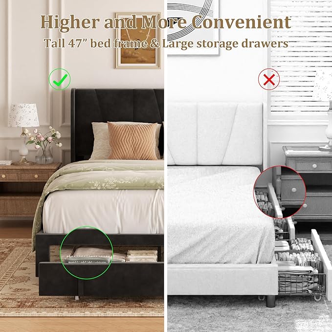 Full Bed Frame with Storage Drawers, Upholstered Platform Bed with Headboard - Image 6