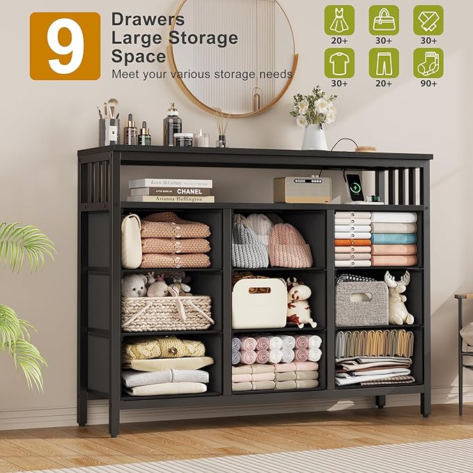 9 Drawer Dresser TV Stand with LED Lights & Power Outlets, Entertainment Center - Image 5
