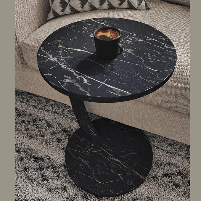 C Shaped End Table for Couch Small Places, Faux Marble Black Space Saver Round - Image 6