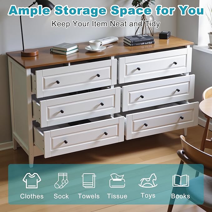 Farmhouse 6 Drawers Dresser for Bedroom, 55.5" Wide Wood Chest of Drawers - Image 3