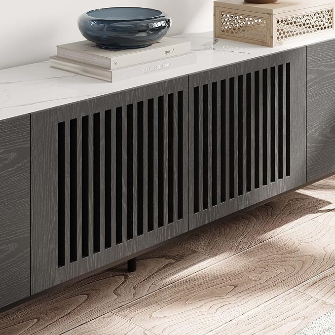 POVISON Mid Century Modern Sintered Stone TV Stand, Slatted Media Console TV - Image 6