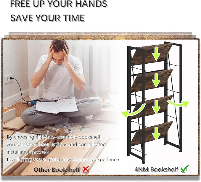 4NM No-Assembly Folding Bookshelf Storage Shelves 4 Tiers Vintage Bookcase - Image 8