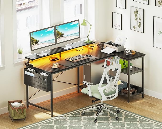 ODK 58 Inch Gaming Desk with USB Charging Ports and LED Lights, Reversible L - Image 9