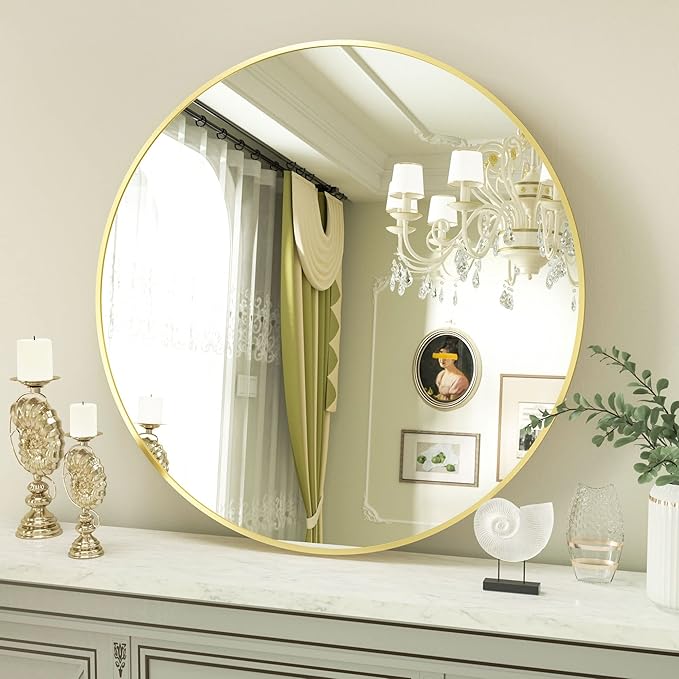 Round Mirror 23.6" Gold Wall Mounted Circle Mirrors Vanity Mirror by VooBang