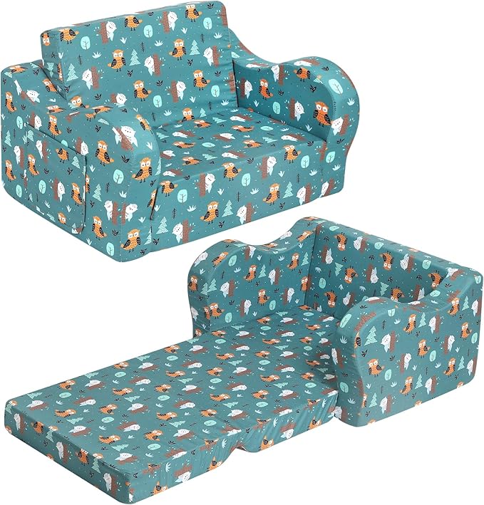 Happy Owl Kids Sofa, 2-in-1 Kids Couch Fold Out, Convertible Sofa to Bed by MOMCAYWEX