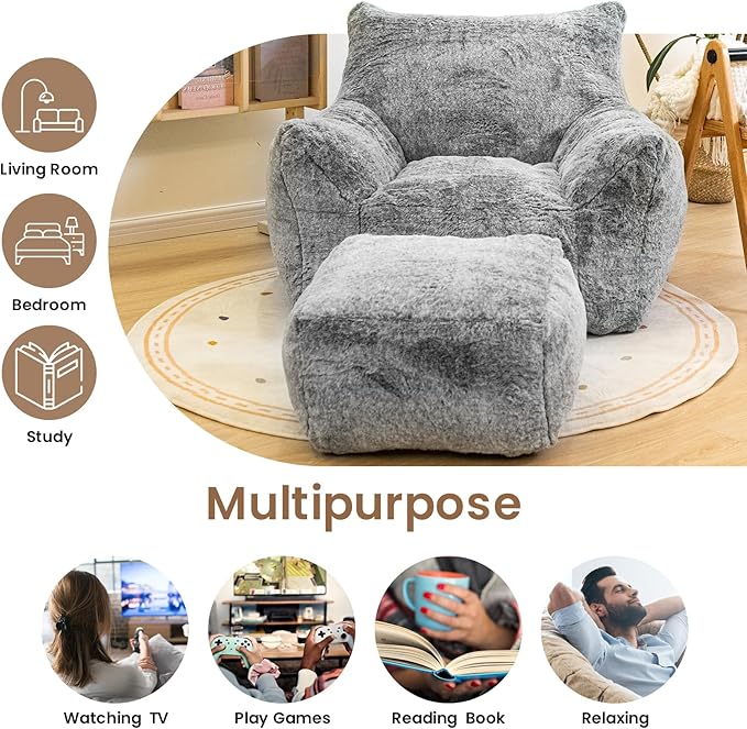 Bean Bag Chair with Ottoman, Armrest Bean Bag Chairs with Filler, Ultra Soft - Image 6