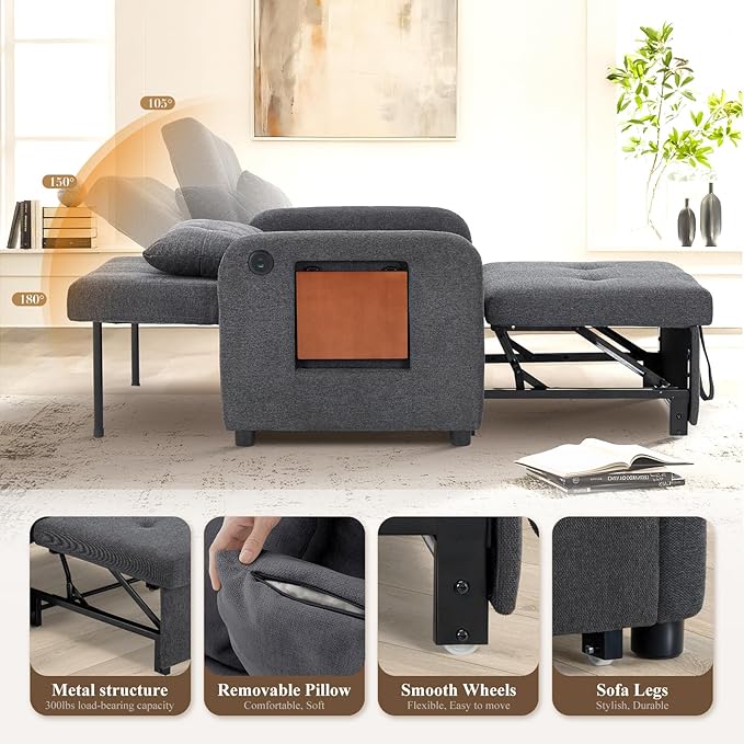 Convertible Sleeper Chair-Fabric Futon Sofa Bed, Single Sleeper Sofa, Small - Image 5
