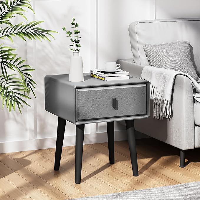 VICITON Modern Faux Leather Nightstand, Solid Wood Drawer, - Image 6