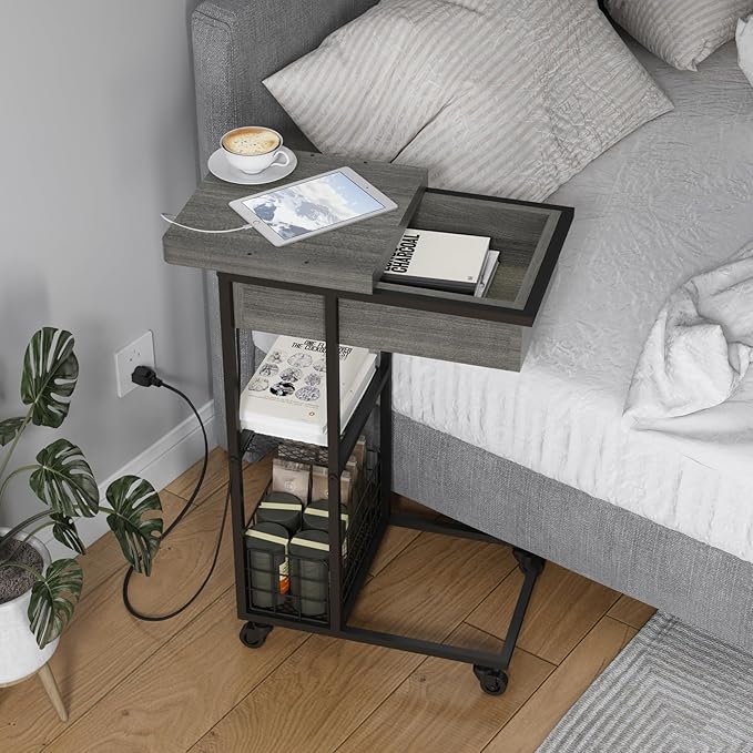 LIDYUK C Shaped End Table with Charging Station, Flip Top Side Table with USB - Image 2