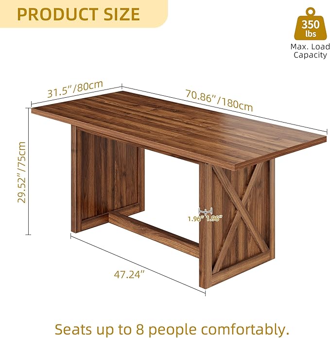 DWVO 70.8" Large Dining Table for 6 to 8 People Farmhouse Rustic Wood Dinner - Image 2