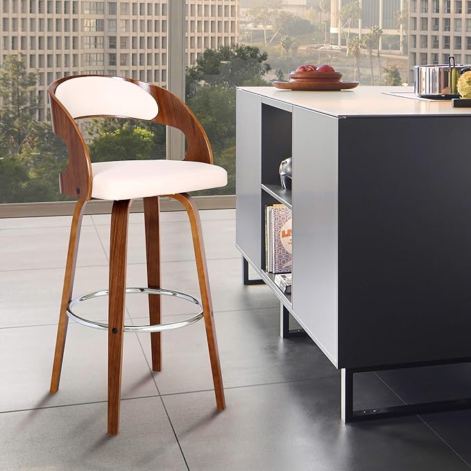 Armen Living Shelly 26" Counter Height Swivel Cream Faux Leather and Walnut - Image 10