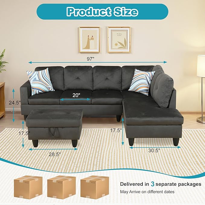 Couches for Living Room Modern L Shaped Couch Comfy Flannel Fabric 3 Pieces - Image 2