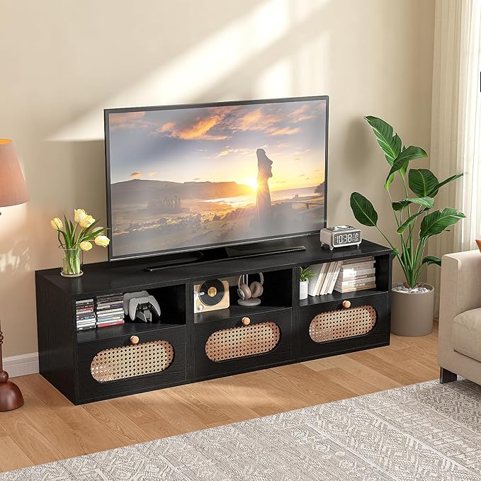 3-in-1 Modular TV Stand with Rattan Doors, DIY Media Console Boho Entertainment - Image 2