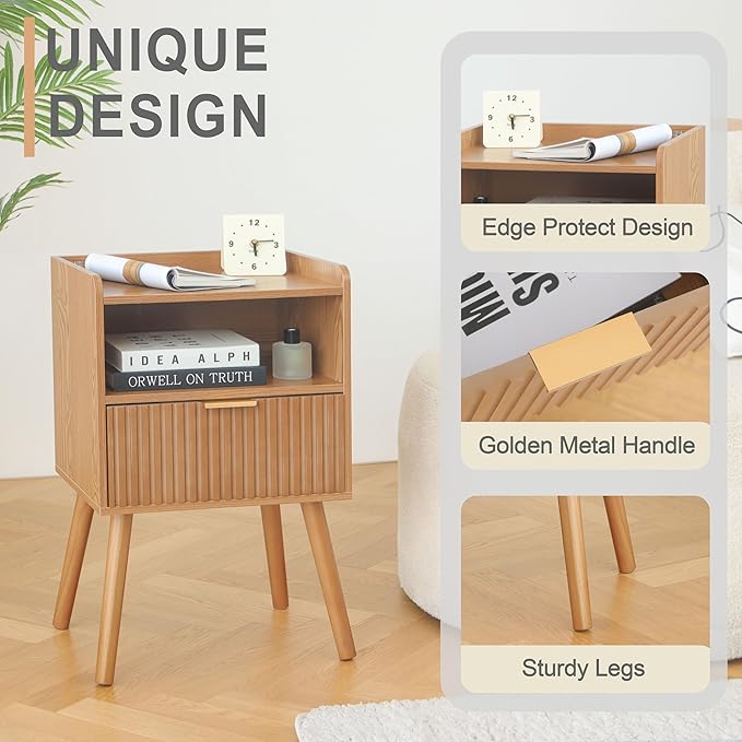 AWASEN Fluted Nightstand, Mid Century Modern Bedside Table - Image 4