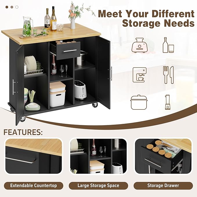 Shintenchi Kitchen Island with Storage, Bar Cart Cabinet Island Table on Wheels - Image 5